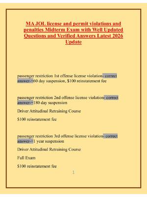 Preview of MA JOL license and permit violations and penalties Midterm Exam with Well Updated Question