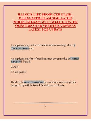 Preview of ILLINOIS LIFE PRODUCER STATE -  DESIGNATED EXAM SIMULATOR  MIDTERM EXAM WITH WELL UPDATED