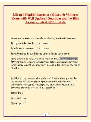 Preview of 1  Life and Health Insurance (Missouri) Midterm  Exam with Well Updated Questions and Veri