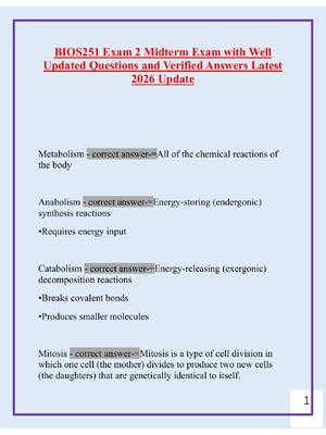 Preview of BIOS251 Exam 2 Midterm Exam with Well Updated Questions and Verified Answers Latest 2026 U