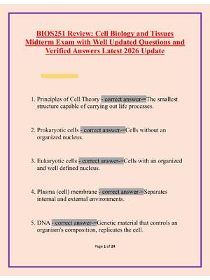 Preview image for Page 1 of 24    BIOS251 Review: Cell Biology and Tissues  Midterm Exam with Well Updated Questions and  Verified Answers Latest 2026 Update