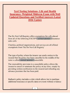 Preview image for Xcel Testing Solutions- Life and Health  Insurance- Weighted Midterm Exam with Well  Updated Questions and Verified Answers Latest  2026 Update