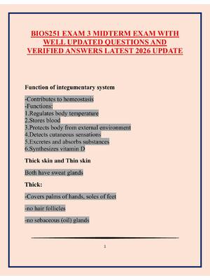 Preview of BIOS251 EXAM 3 MIDTERM EXAM WITH WELL UPDATED QUESTIONS AND VERIFIED ANSWERS LATEST 2026 U