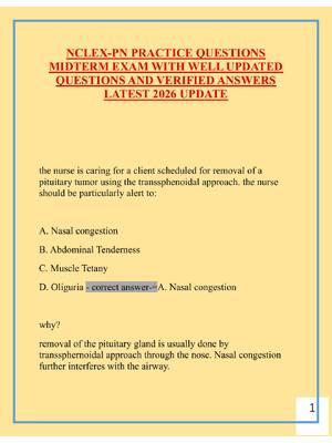 Preview image for NCLEX-PN PRACTICE QUESTIONS  MIDTERM EXAM WITH WELL UPDATED  QUESTIONS AND VERIFIED ANSWERS  LATEST 2026 UPDATE