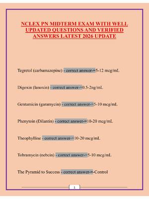 Preview of NCLEX PN MIDTERM EXAM WITH WELL UPDATED QUESTIONS AND VERIFIED ANSWERS LATEST 202