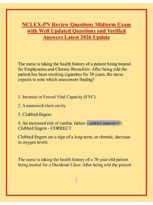 Preview of NCLEX-PN Review Questions Midterm Exam  with Well Updated Questions and Verified  Answers