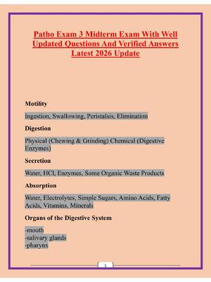 Preview of Patho Exam 3 Midterm Exam With Well Updated Questions And Verified Answers Latest 2026 Upd