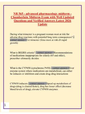 Preview of NR 565 - advanced pharmacology midterm -  Chamberlain Midterm Exam with Well Updated  Ques