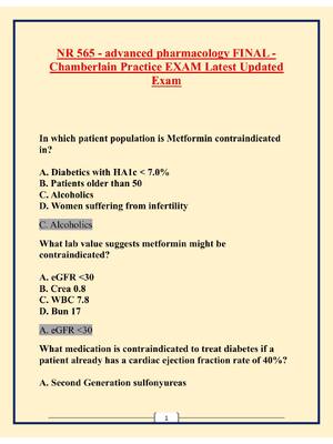 Preview of 1  NR 565 - advanced pharmacology FINAL -  Chamberlain Practice EXAM Latest Updated  Exam