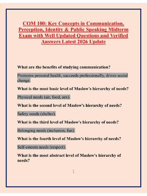 Preview image for COM 100: Key Concepts in Communication,  Perception, Identity & Public Speaking Midterm  Exam with Well Updated Questions and Verified  Answers Latest 2026 Update