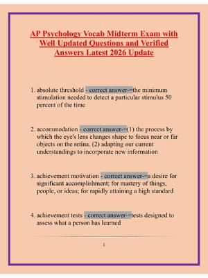 Preview of AP Psychology Vocab Midterm Exam with Well Updated Questions and Verified Answers Latest 2