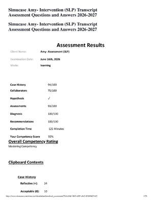Preview of Simucase Amy- Intervention (SLP) Transcript Assessment Questions and Answers 2026-2027