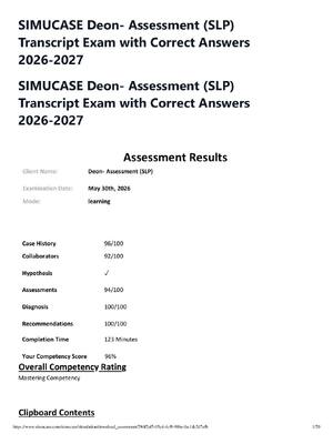 Preview of SIMUCASE Deon- Assessment (SLP) Transcript Exam with Correct Answers 2026-2027
