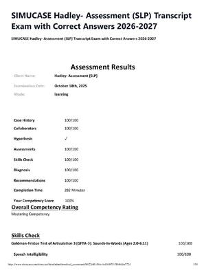 Preview of SIMUCASE Hadley- Assessment (SLP) Transcript Exam with Correct Answers 2026-2027