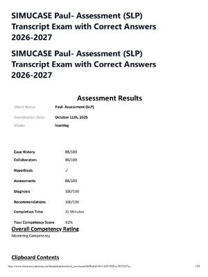 Preview of SIMUCASE Paul- Assessment (SLP) Transcript Exam with Correct Answers 2026-2027
