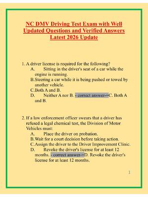 Preview image for NC DMV Driving Test Exam with Well Updated Questions and Verified Answers Latest 2026 Update