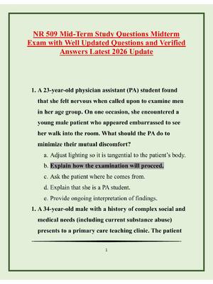 Preview of NR 509 Mid-Term Study Questions Midterm  Exam with Well Updated Questions and Verified  An