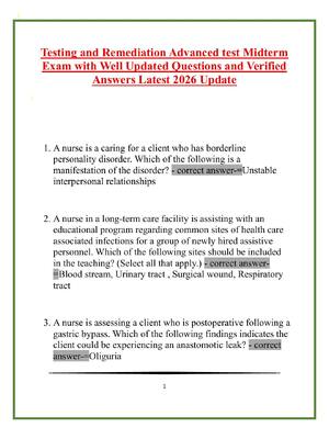 Preview of Testing and Remediation Advanced test Midterm Exam with Well Updated Questions and Verifie