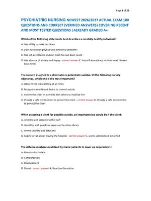 Preview of PSYCHIATRIC NURSING NEWEST 2026/2027 ACTUAL EXAM 100  QUESTIONS AND CORRECT (VERIFIED ANSW