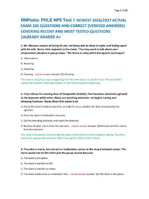 Preview of RNPedia: PNLE NP5 Test 1 NEWEST 2026/2027 ACTUAL  EXAM 100 QUESTIONS AND CORRECT (VERIFIED