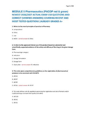 Preview of MODULE 5 Pharmaceutics (PACOP red & green)   NEWEST 2026/2027 ACTUAL EXAM 150 QUESTIONS AN