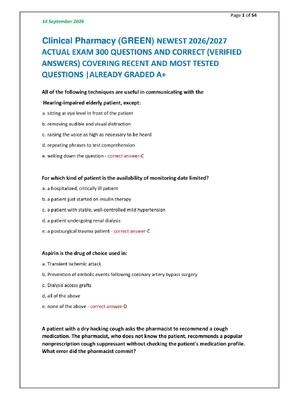 Preview of Clinical Pharmacy (GREEN) NEWEST 2026/2027  ACTUAL EXAM 300 QUESTIONS AND CORRECT (VERIFIE