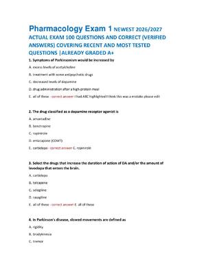 Preview of Pharmacology Exam 1 NEWEST 2026/2027  ACTUAL EXAM 100 QUESTIONS AND CORRECT (VERIFIED  ANS
