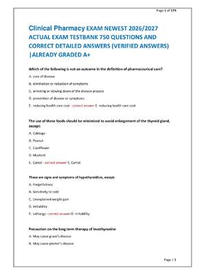 Preview of Clinical Pharmacy EXAM NEWEST 2026/2027  ACTUAL EXAM TESTBANK 750 QUESTIONS AND  CORRECT D