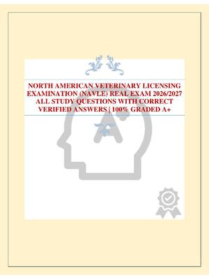 Preview image for NORTH AMERICAN VETERINARY LICENSING EXAMINATION (NAVLE) REAL EXAM 2026/2027 ALL STUDY QUESTIONS WITH CORRECT VERIFIED ANSWERS | 100% GRADED A+
