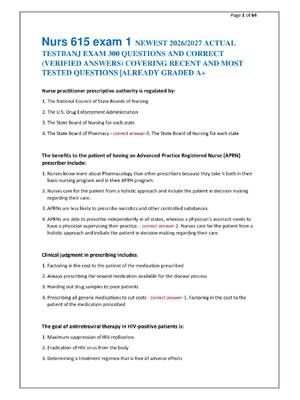 Preview of Nurs 615 exam 1 NEWEST 2026/2027 ACTUAL   TESTBANJ EXAM 300 QUESTIONS AND CORRECT  (VERIFI