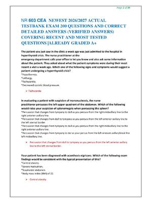 Preview of NR 603 CEA  NEWEST 2026/2027 ACTUAL  TESTBANK EXAM 200 QUESTIONS AND CORRECT  DETAILED ANS