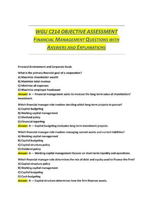 Preview image for WGU C214 OBJECTIVE ASSESSMENT  FINANCIAL MANAGEMENT QUESTIONS WITH  ANSWERS AND EXPLANATIONS