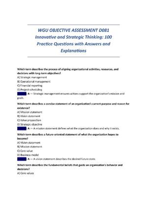 Preview image for WGU OBJECTIVE ASSESSMENT D081   Innovative and Strategic Thinking: 100  Practice Questions with Answers and  Explanations