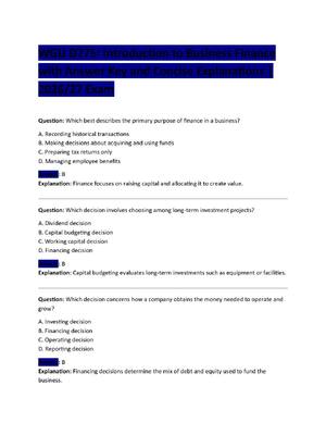 Preview image for WGU D775: Introduction to Business Finance  with Answer Key and Concise Explanations |  2026/27 Exam