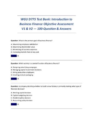 Preview image for WGU D775 Test Bank: Introduction to  Business Finance Objective Assessment  V1 & V2 — 100-Question & Answers