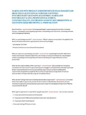 Preview of MARYLAND PSYCHOLOGY JURISPRUDENCE EXAM 2026/2027 | 250  HIGH-YIELD QUESTIONS & VERIFIED AN