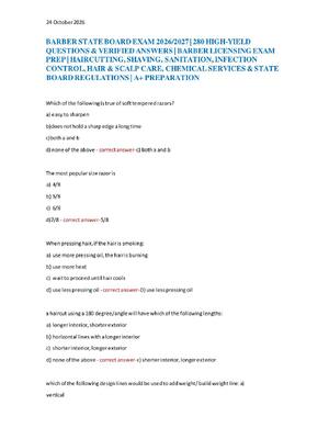 Preview of BARBER STATE BOARD EXAM 2026/2027 | 280 HIGH-YIELD  QUESTIONS & VERIFIED ANSWERS | BARBER