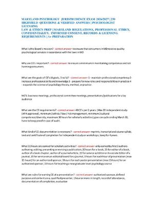 Preview of MARYLAND PSYCHOLOGY JURISPRUDENCE EXAM 2026/2027 | 250 HIGHYIELD QUESTIONS & VERIFIED ANSW