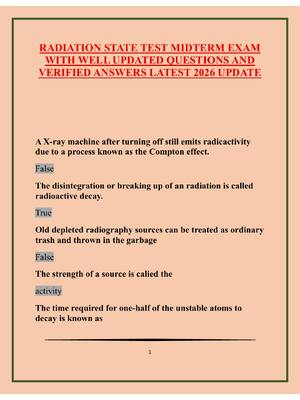 Preview of RADIATION STATE TEST MIDTERM EXAM WITH WELL UPDATED QUESTIONS AND VERIFIED ANSWERS LATEST