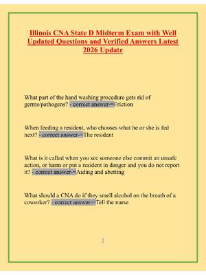 Preview of Illinois CNA State D Midterm Exam with Well Updated Questions and Verified Answers Latest