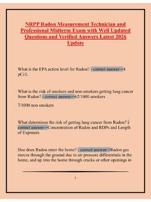 Preview of NRPP Radon Measurement Technician and Professional Midterm Exam with Well Updated Question