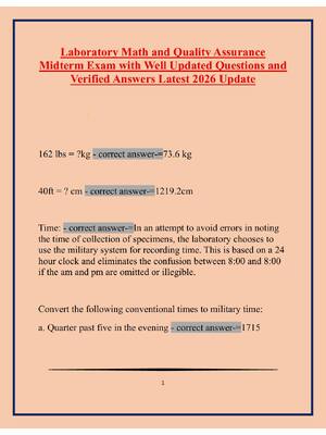 Preview of Laboratory Math and Quality Assurance Midterm Exam with Well Updated Questions and Verifie