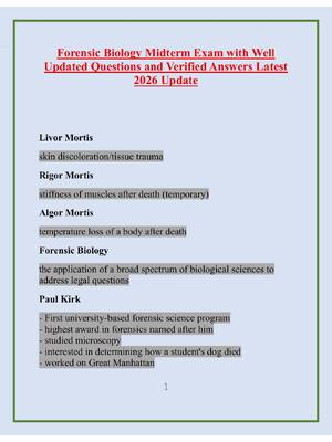 Preview of Forensic Biology Midterm Exam with Well Updated Questions and Verified Answers Latest 2026