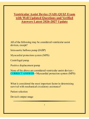 Preview image for 1    Ventricular Assist Device (VAD) QUIZ Exam  with Well Updated Questions and Verified  Answers Latest 2026-2027 Update