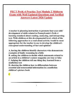 Preview of PECT PreK-4 Practice Test Module 2 Midterm Exam with Well Updated Questions and Verified A