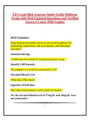 Preview of EPA Lead Risk Assessor Study Guide Midterm Exam with Well Updated Questions and Verified A