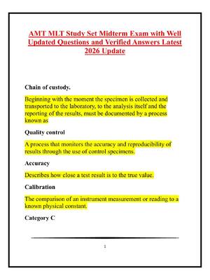Preview of AMT MLT Study Set Midterm Exam with Well Updated Questions and Verified Answers Latest 202