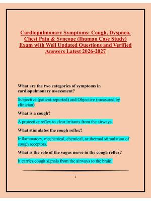 Preview image for Cardiopulmonary Symptoms: Cough, Dyspnea,  Chest Pain & Syncope (Ihuman Case Study)  Exam with Well Updated Questions and Verified  Answers Latest 2026-2027
