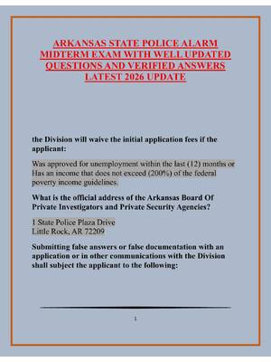Preview image for ARKANSAS STATE POLICE ALARM MIDTERM EXAM WITH WELL UPDATED QUESTIONS AND VERIFIED ANSWERS LATEST 2026 UPDATE