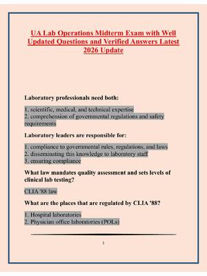 Preview of UA Lab Operations Midterm Exam with Well Updated Questions and Verified Answers Latest 202